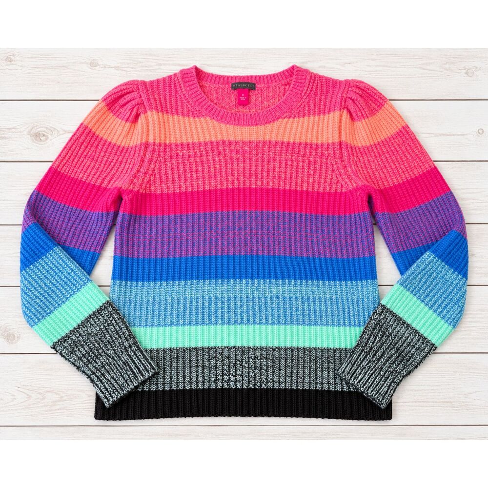 Vince Camuto Multicolor Chunky Knit Striped Sweater Puff Sleeve Size S -4845